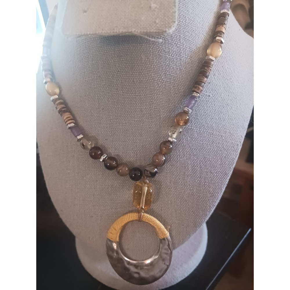 Boho Mixed Bead Agate Amethyst Necklace Hammered Moon Pendant UV Reactive Bead